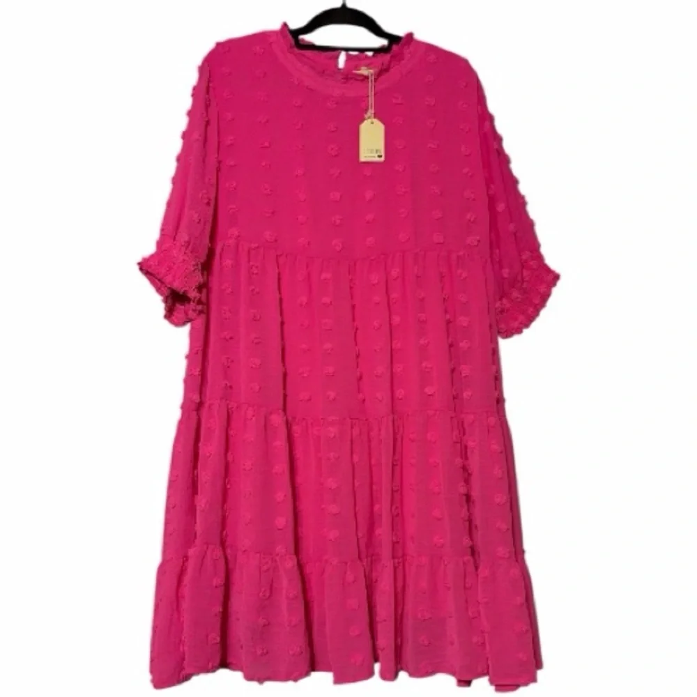 NEW Jodifl Bubblegum Pink Swiss Dot Tiered Babydoll Dress -Boho - Picture 2 of 6